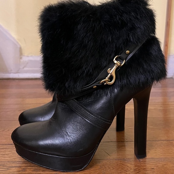 COACH Athena fur boots leather boot real RABBIT fur vintage boot Ankle Boot - Picture 1 of 6